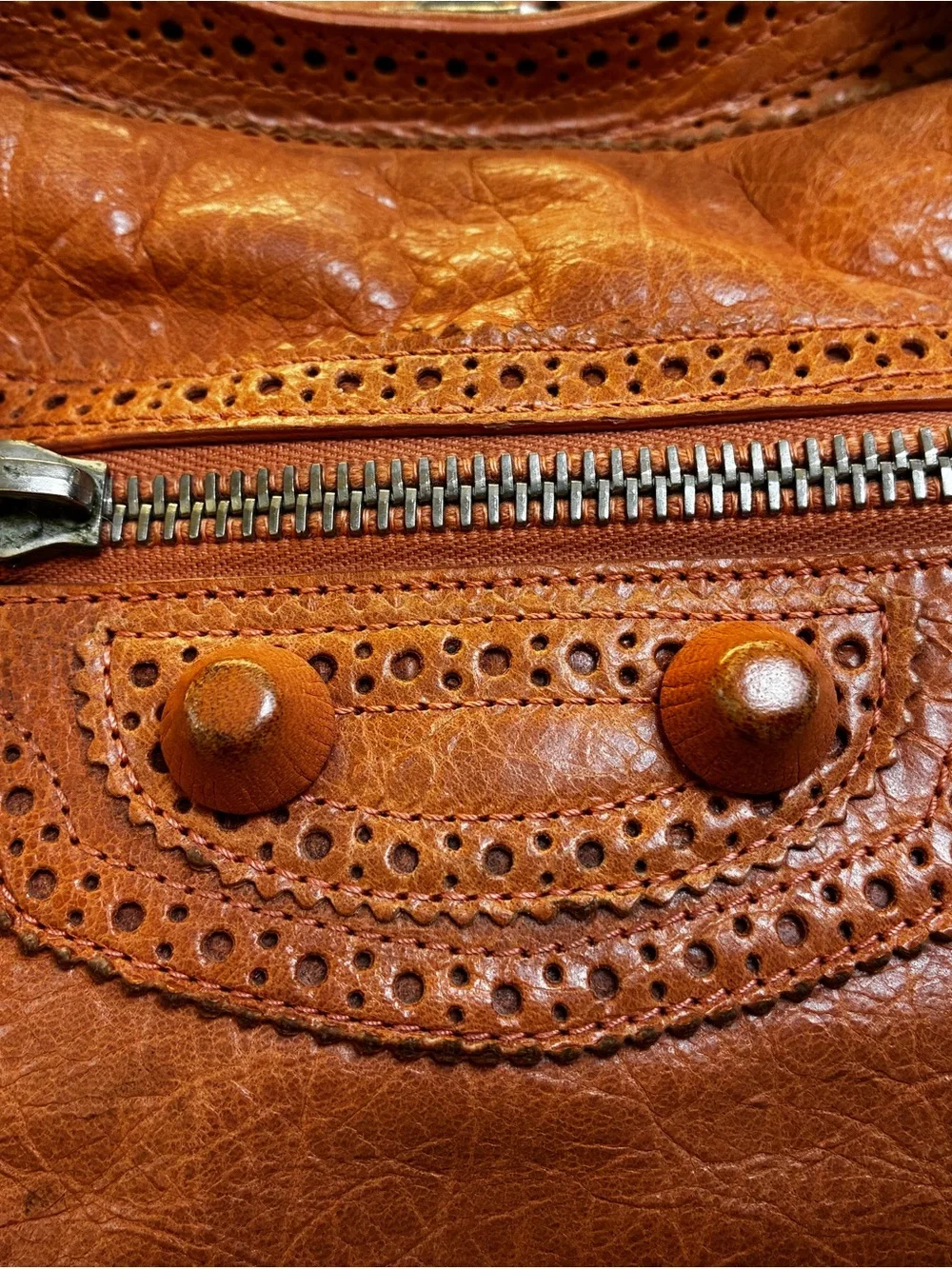Authentic Balenciaga  City Lace-trimmed Motorcycle Bag– Orange Distressed Leat